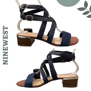 Nine West Navy Faux Snakeskin & Denim Block Heel Sandals | Size 7.5